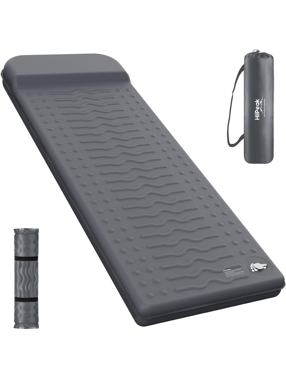 Inflatable Gray Camping Air Mattress with Built-In Pillow